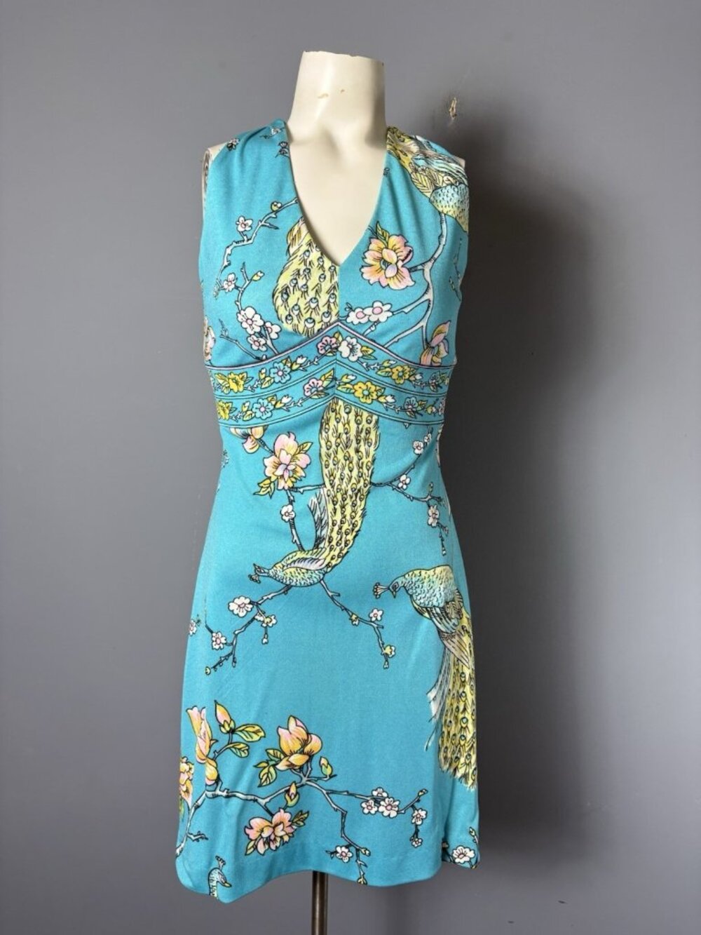 Vintage 70s Womens S Handmade Polyester Peacock Print Sleeveless Mini Dress